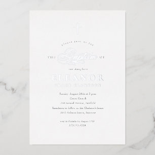 Invitation En Aluminium Baptême élégant Croix Or Calligraphie Argent