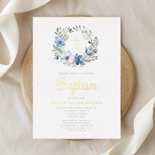 Invitation En Aluminium Baptême élégant de garçon religieux à motif floral