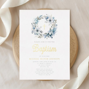 Invitation En Aluminium Baptême élégant garçon croix florale bleue