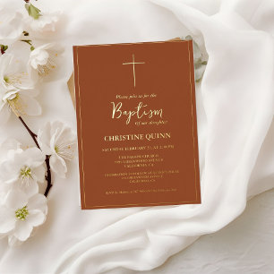 Invitation En Aluminium Baptême élégant orange brûlé et or