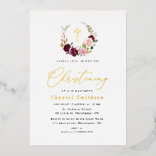 Invitation En Aluminium baptême en feuille d'or burgundy et blush