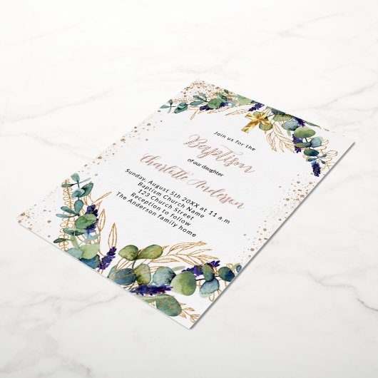 Invitation En Aluminium Baptême eucalyptus parties scintillant or (Rotation)