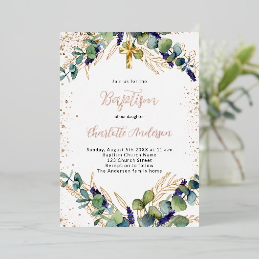 Invitation En Aluminium Baptême eucalyptus parties scintillant or (Debout devant)