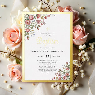 Invitation En Aluminium Baptême Fille Croix Dorée Florale Rose Élégante