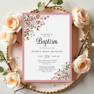 Invitation En Aluminium Baptême Fille Croix Dorée Florale Rose Élégante