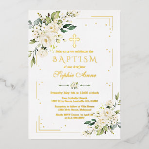 Invitation En Aluminium Baptême Fille Fleurs Blanches FEUILLE D'OR Luxe