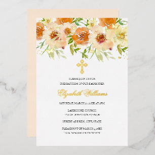 Invitation En Aluminium Baptême Fille Floral Aquarelle Or
