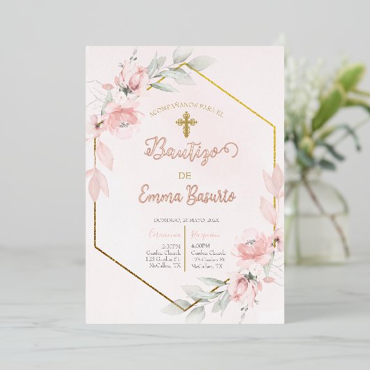 Invitation En Aluminium Baptême Fille Rose Blush (Debout devant)