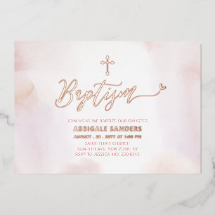 Invitation En Aluminium Baptême Fille Rose Gold & Pink Heart
