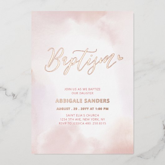 Invitation En Aluminium Baptême Fille Rose Gold & Rose Coeur (Recto)