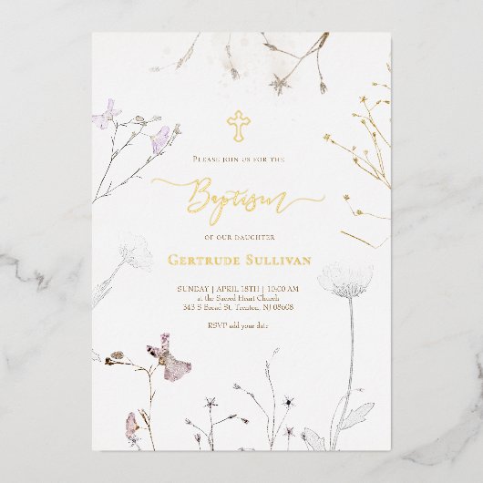 Invitation En Aluminium Baptême fleur sauvage délicat (Recto)