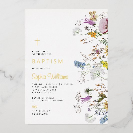Invitation En Aluminium Baptême Fleurs Sauvages Bohème (Recto)
