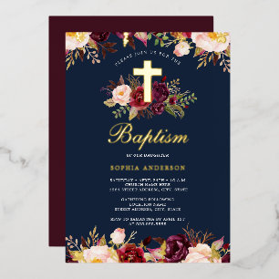 Invitation En Aluminium Baptême Floral Bordeaux Or Marine 