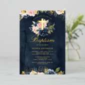 Invitation En Aluminium Baptême floral rose or Marine (Debout devant)