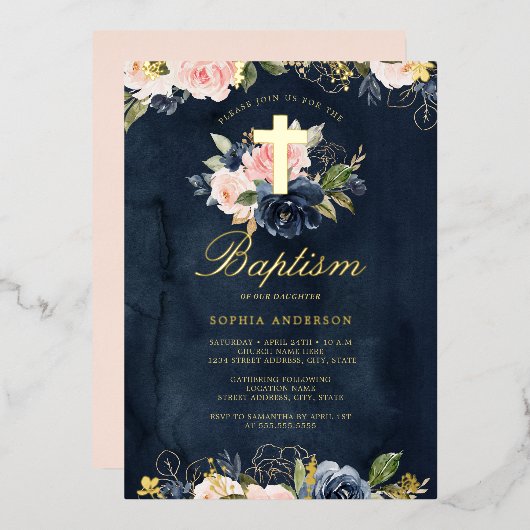Invitation En Aluminium Baptême floral rose or Marine (Recto/Verso)