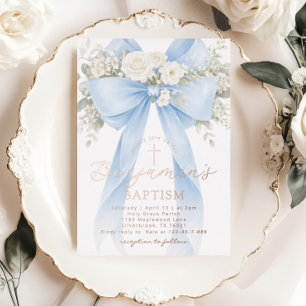Invitation En Aluminium Baptême garçon ruban eucalyptus floral bleu