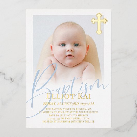 Invitation En Aluminium Baptême Gold Cross Pale Blue Script (Recto)