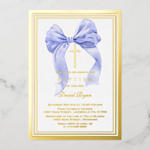 Invitation En Aluminium Baptême Moderne Garçon Bleu Or Feuille Réelle