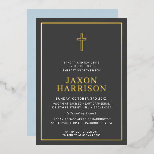 Invitation En Aluminium BAPTÊME moderne minimaliste bébé garçon bleu front