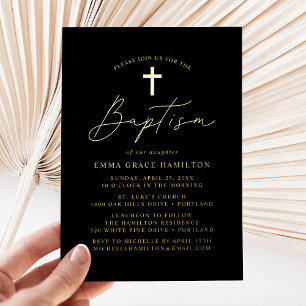 Invitation En Aluminium Baptême Moderne Minimaliste Écriture Noir et Or