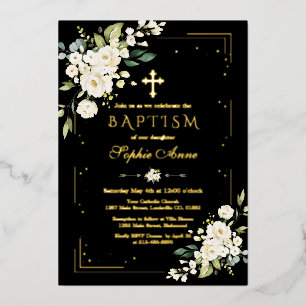 Invitation En Aluminium Baptême noir Fleurs blanches OR FEUILLE DE LUXE