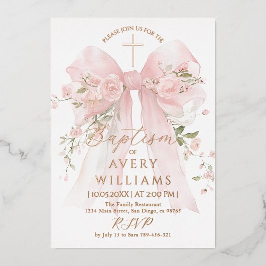 Invitation En Aluminium Baptême or et rose floral Boy Boy Elegant (Recto)