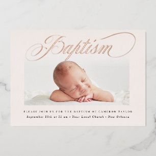 Invitation En Aluminium Baptême photo croix subtile pastel rose or