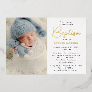 Invitation En Aluminium Baptême Photo Moderne Or