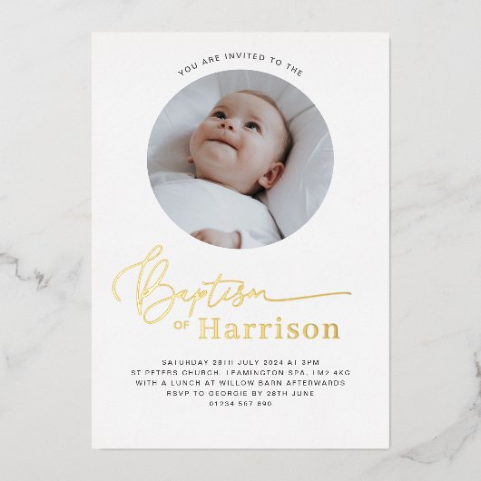 Invitation En Aluminium Baptême photo ronde - Or (Recto)