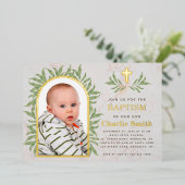 Invitation En Aluminium Baptême Photo Verdure Arc Or Feuilles verts (Debout devant)
