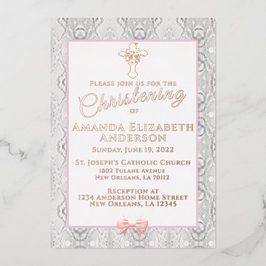 Invitation En Aluminium Baptême Rose Faux Lace / Christening (Recto)