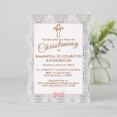 Invitation En Aluminium Baptême Rose Faux Lace / Christening (Debout devant)