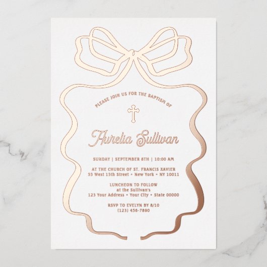 Invitation En Aluminium Baptême simple Rose Gold Bow (Recto)
