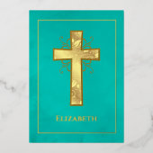 Invitation En Aluminium Baptême Turquoise et Or / Fluidité Christening (Recto)