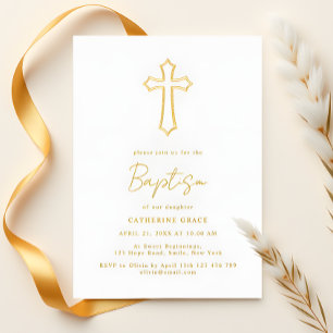Invitation En Aluminium Baptême Typographie Élégante Croix Dorée