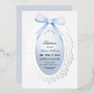 Invitation En Aluminium Baptême vintage Argent Cadre Bleu Bow