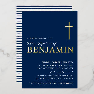 Invitation En Aluminium BAPTISM moderne élégant croix bleu marine or