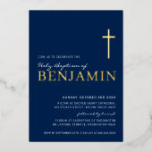 Invitation En Aluminium BAPTISM moderne élégant croix bleu marine or (Recto)
