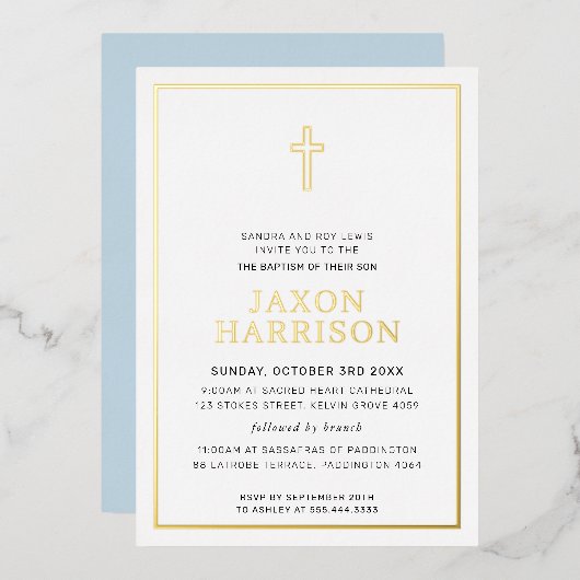 Invitation En Aluminium BAPTISME moderne élégant croisé garçon bébé bleu (Recto/Verso)