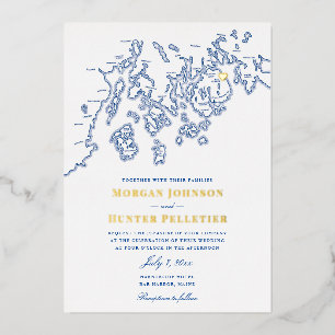 Invitation En Aluminium Bar Harbour Maine Mariage Elegant Marine et Or