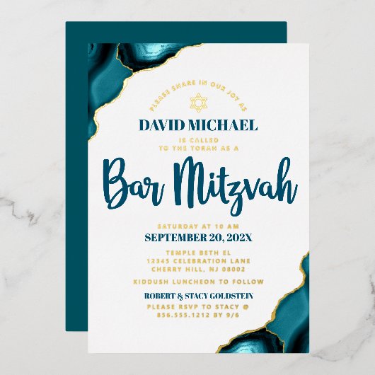 Invitation En Aluminium Bar Mitzvah Bold Turquoise Agate Script Real Gold (Recto/Verso)