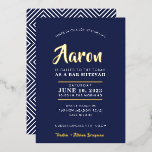 Invitation En Aluminium BAR MITZVAH calligraphie moderne élégante bleu mar