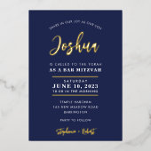 Invitation En Aluminium BAR MITZVAH calligraphie moderne marine or (Recto)