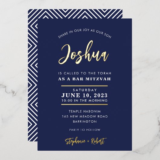 Invitation En Aluminium BAR MITZVAH calligraphie moderne marine or (Recto/Verso)