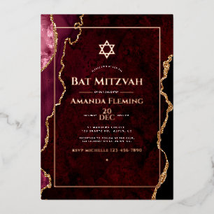 Invitation En Aluminium Bar Mitzvah de fausse agate or et Bourgogne