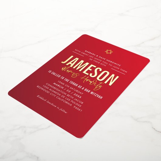 Invitation En Aluminium BAR MITZVAH étoile moderne rouge burgundy dégradé (Rotation)