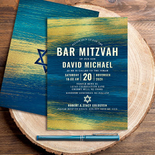 Invitation En Aluminium Bar Mitzvah Gras Type Moderne Turquoise Or Véritab