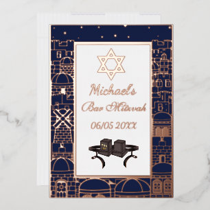Invitation En Aluminium Bar Mitzvah Jérusalem Kotel Téfillin Or