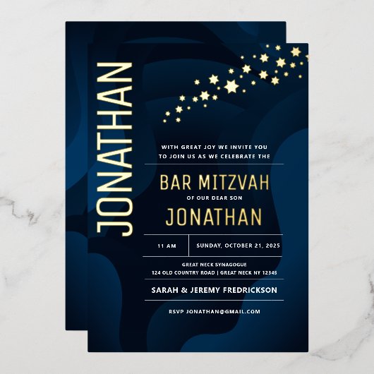 Invitation En Aluminium Bar Mitzvah Marine moderne Vagues VRAI OR (Recto/Verso)