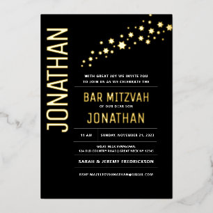 Invitation En Aluminium Bar Mitzvah Moderne Élégant Noir Feuille D'OR Réel